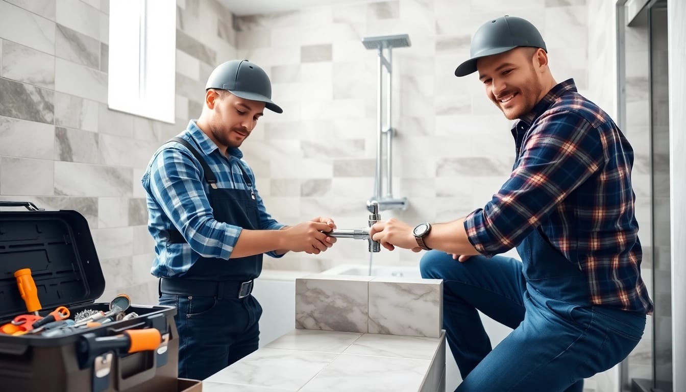 Dedicated plumbers and tilers collaborating on a bathroom renovation project, showcasing expertise.