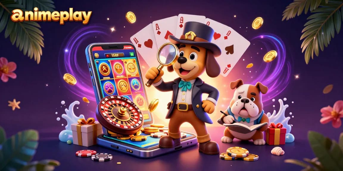 Menguntit petunjuk perjudian di animeplay dengan kucing detektif dan bulldog, dikelilingi oleh slot dan chip poker.