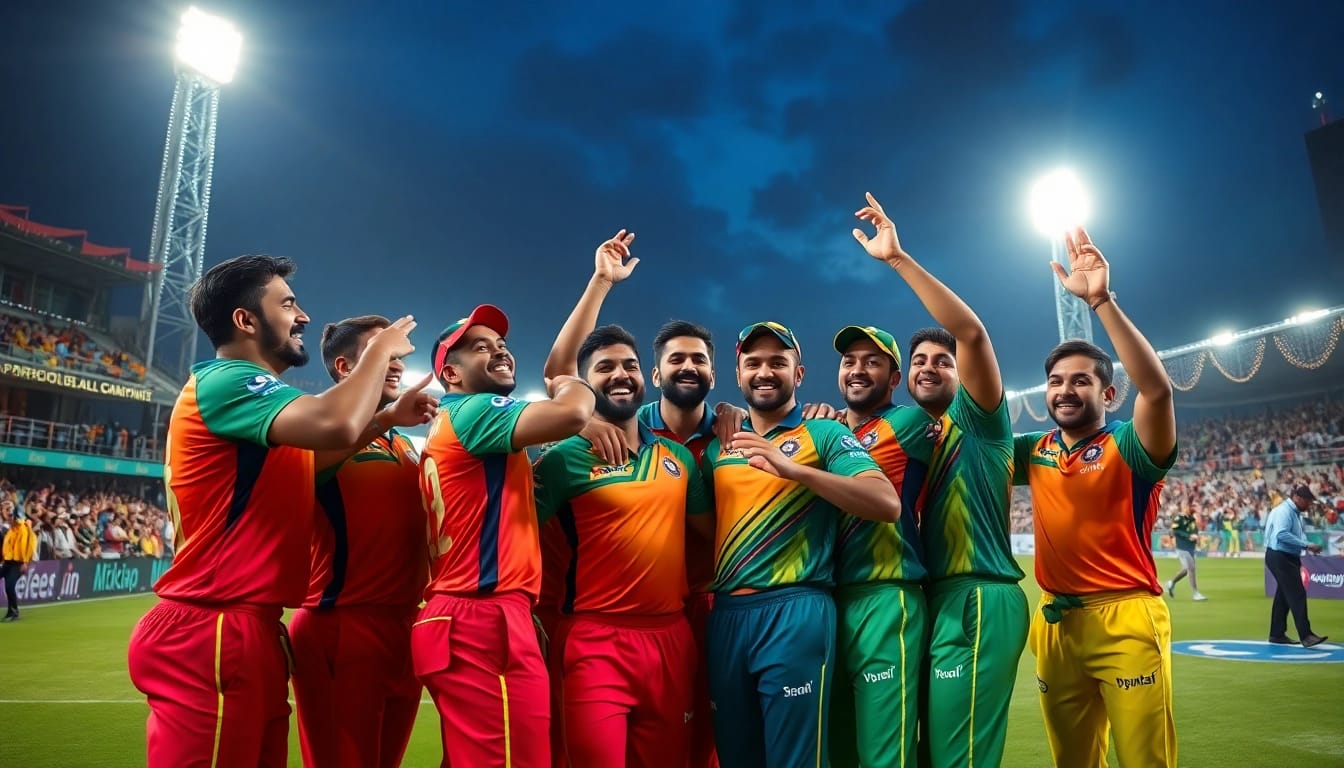 Celebrate today ipl winner prediction with cricket players in an energetic stadium setting.
