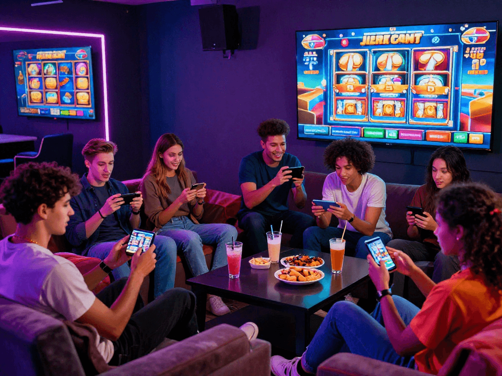 Group enjoying online games at european online casinos with vibrant atmosphere and modern lounge