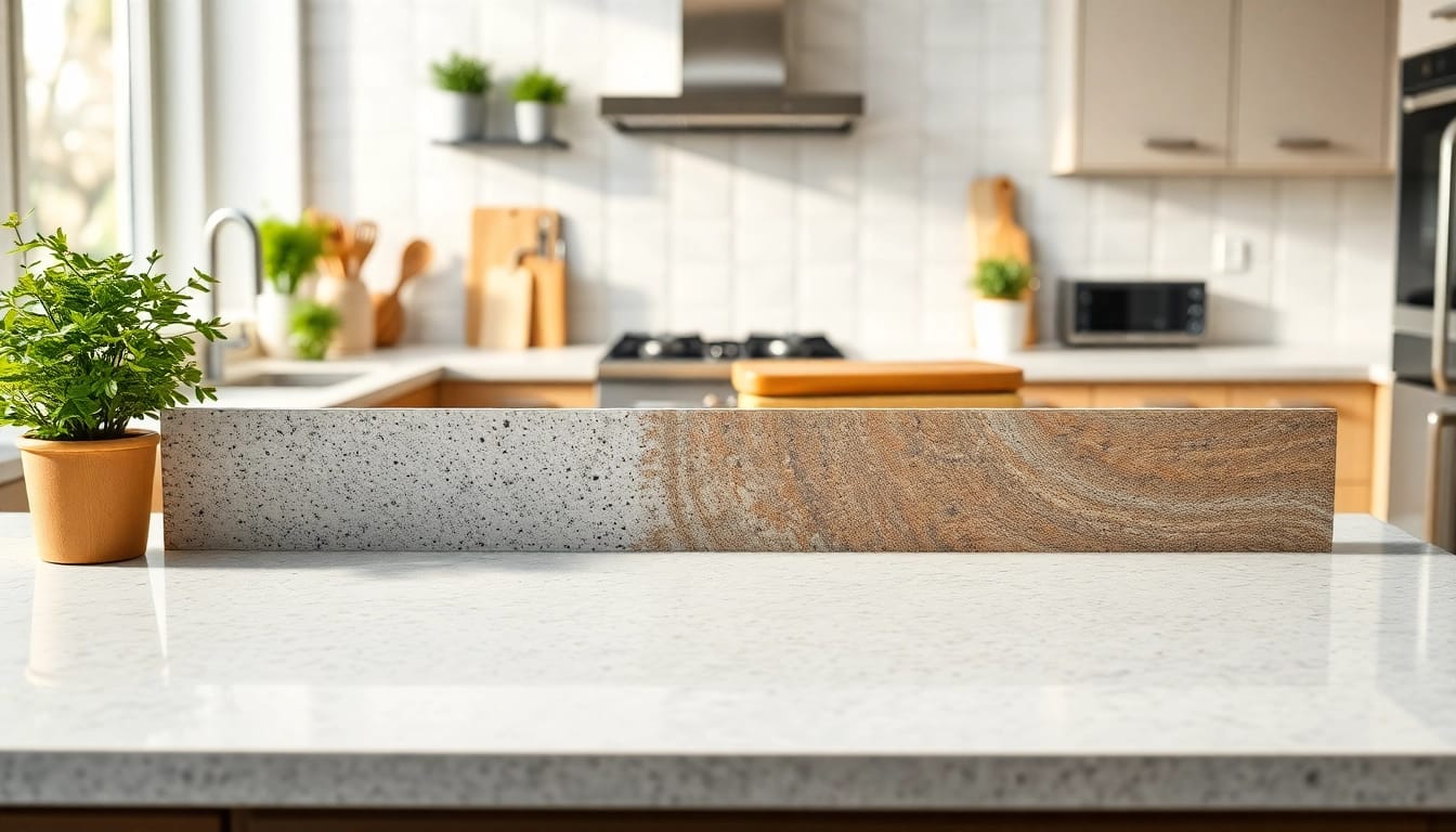 A comprehensive guide to kitchen worktop materials showcasing varied surfaces like granite, quartz, and laminate.