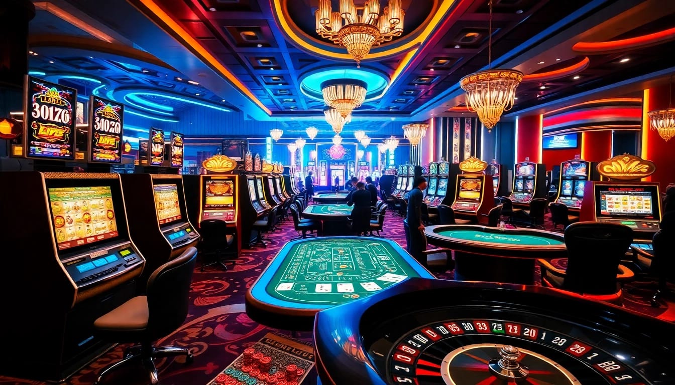 Experience the thrill of new66 with vibrant casino gaming, featuring tables, chips, and colorful machines.