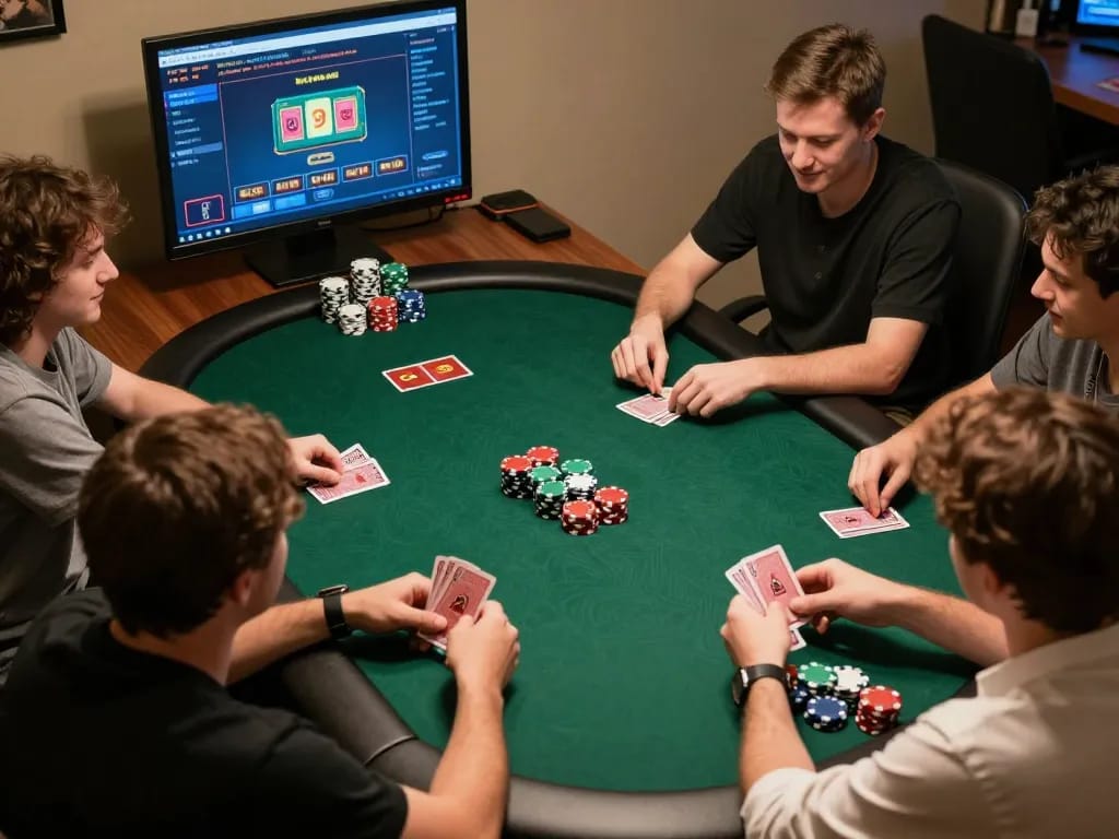 Engaged players enjoying sunwin - go88 online poker game with visible chips and cards.