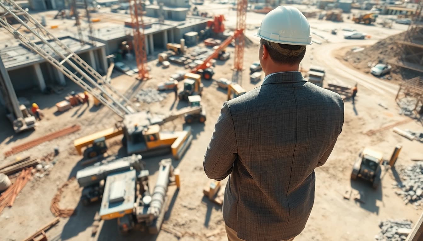 New Jersey Construction Manager overseeing a vibrant construction site with workers and machinery in action.