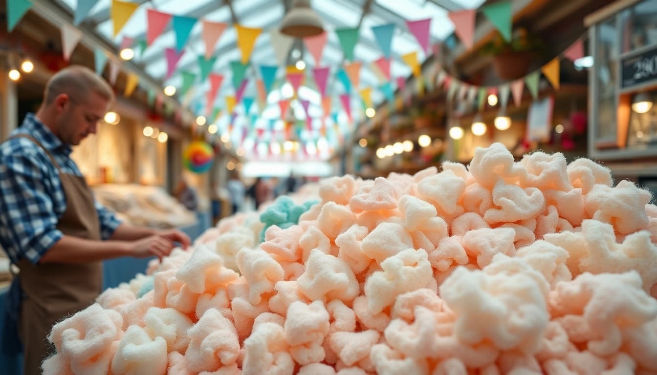 Wafel katoen in diverse kleuren op een levendige markt, met een ambachtsman aan het werk.