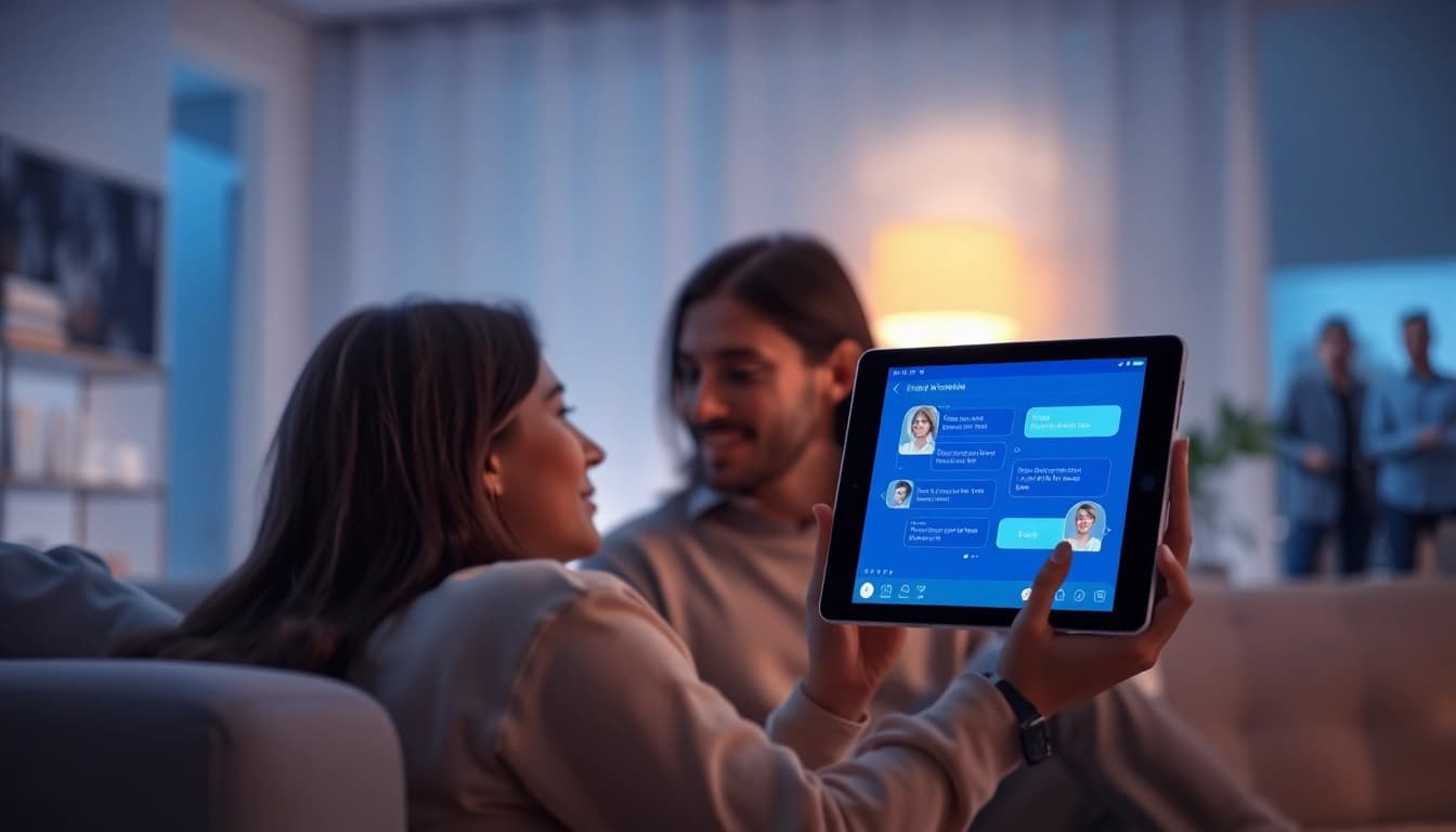 Couple engaging deeply with an AI chatbot in a serene, modern setting focused on sex AI.