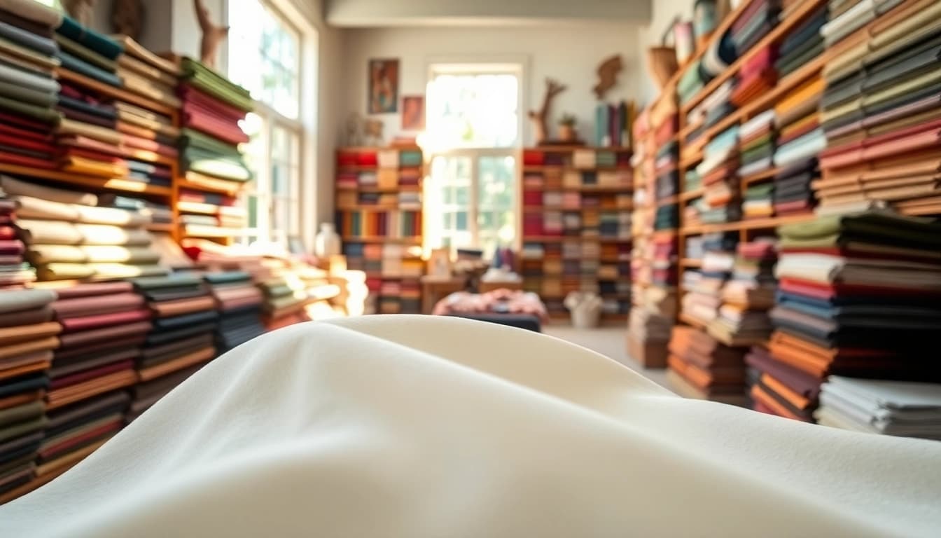 Bekijk katoenstoffen met veelkleurige patronen in een gezellige stoffenwinkel.