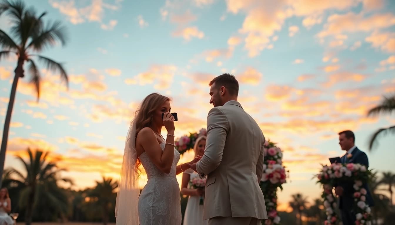 Tampa event photographer capturing a wedding ceremony under a sunset sky.