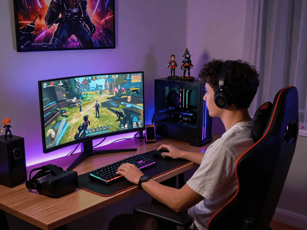 Engaging adult game setup with vibrant visuals and gaming gear.