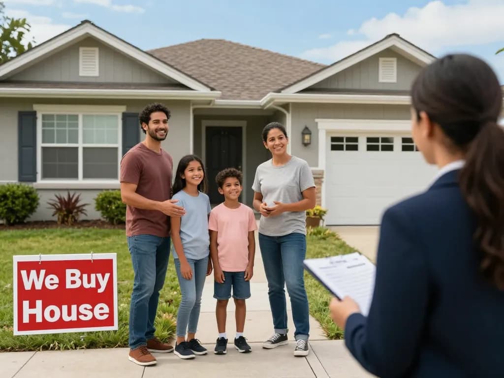We buy houses discussion with a family and agent in front of their home, showcasing a welcoming atmosphere.