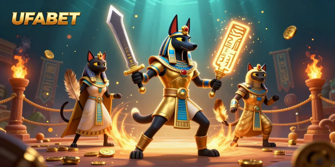 Experience thrilling gaming action at UFABET with Egyptian warrior Anubis and sacred cat Bastet amid vibrant casino elements.