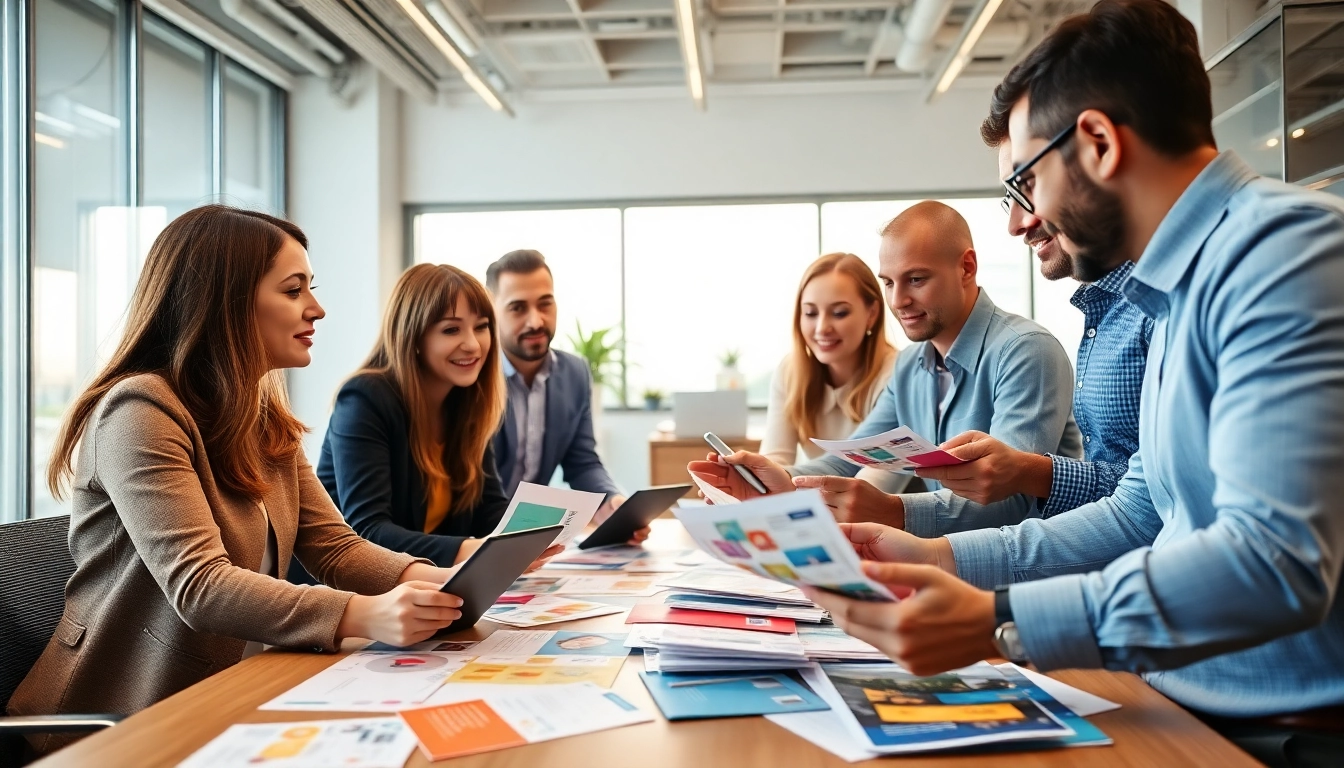 Team strategizing for a direct mail company campaign in a modern office.