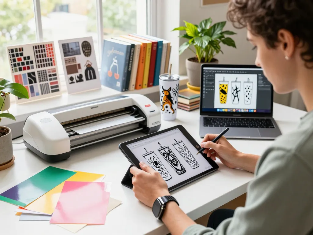 Designer working with SVG files for tumbler designs in a vibrant creative workspace.
