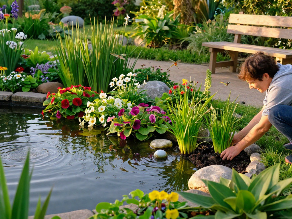 Buy Marginal Pond Plants while planting vibrant aquatic flowers in a serene pond garden.