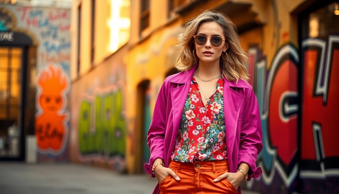 Fashion model showcasing vibrant seasonal attire against an urban backdrop.
