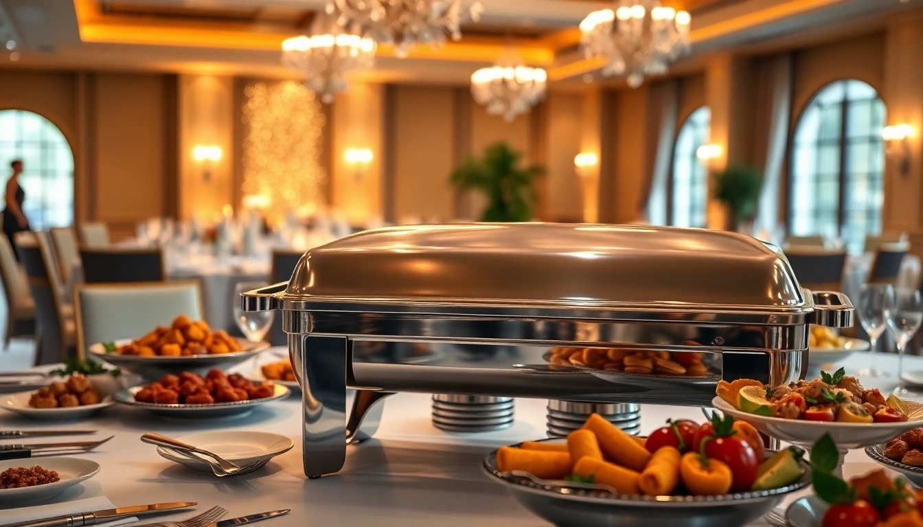 Serving a delicious meal in a polished chafing dish on a beautifully arranged table.