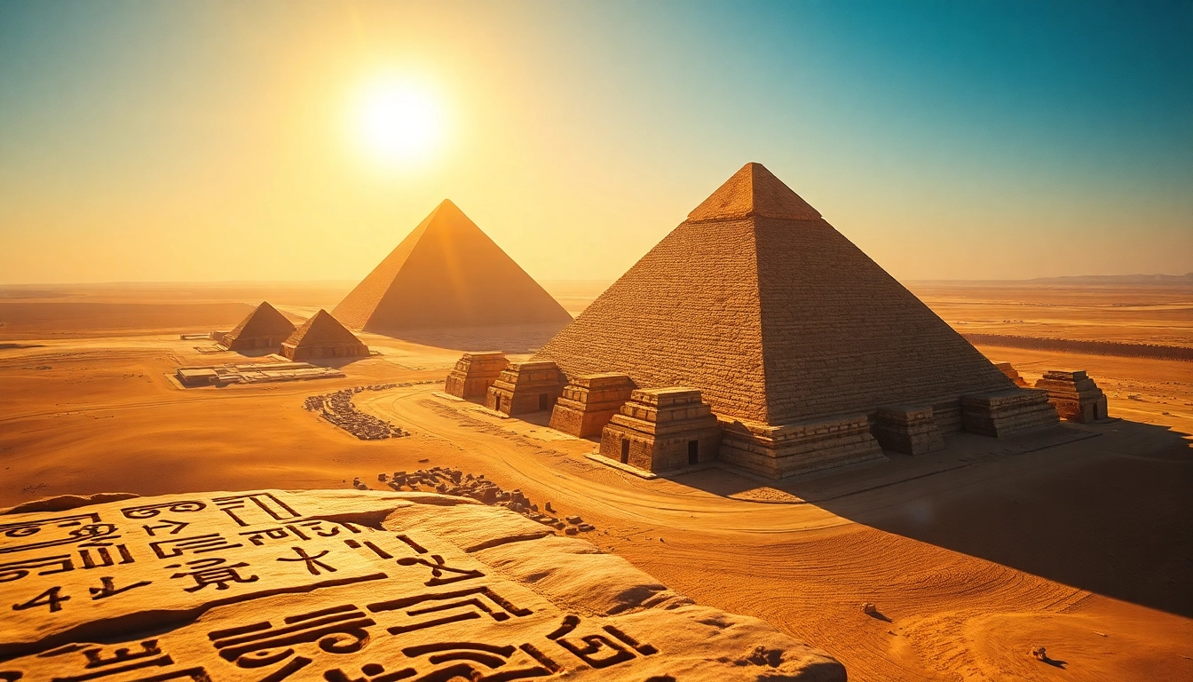 Visitors admire the impressive piraminds against a vibrant sunset backdrop.
