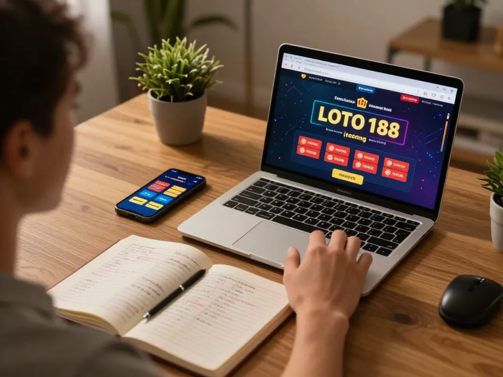 Engaging with LOTO 188 on a laptop while maintaining bankroll management notes in a cozy home setting.