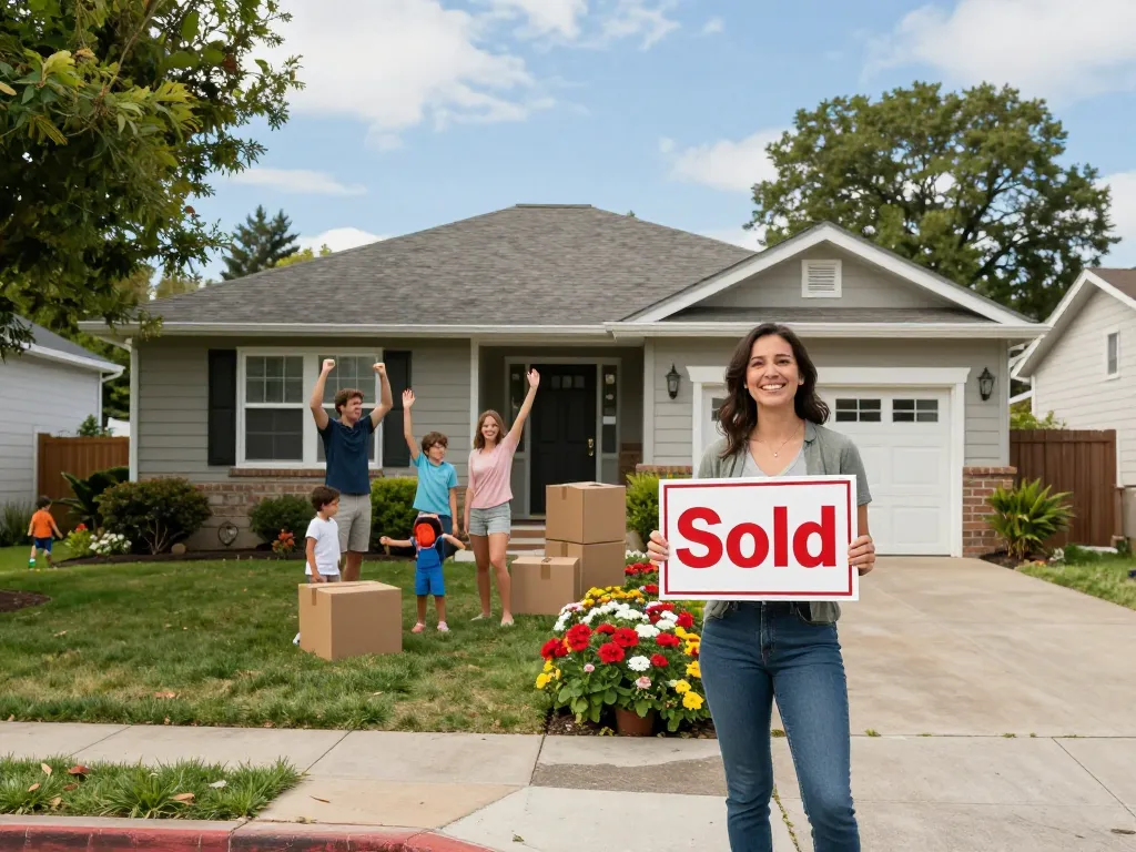 Sell my house today with joy and celebration outside a charming home.
