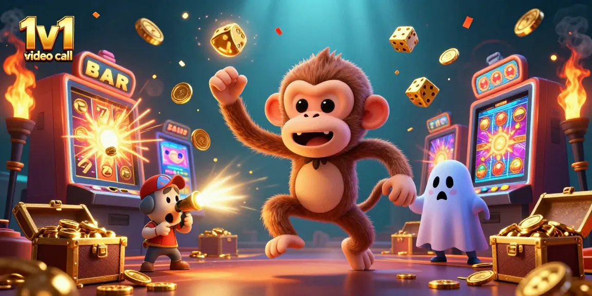 Engage in an exciting 1v1 video call amidst a colorful casino with golden treasures and vibrant symbols.