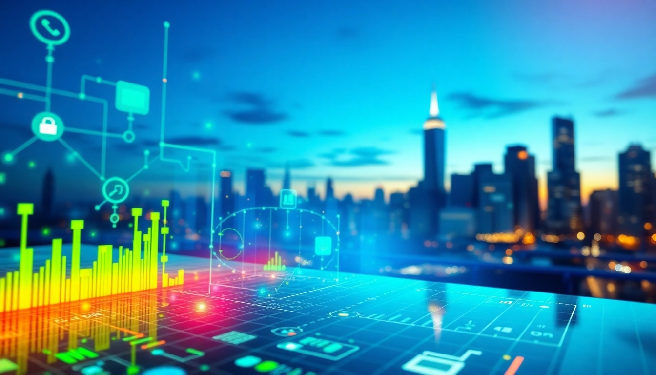 Visualize information through vibrant data streams and technology symbols in a dynamic urban setting.