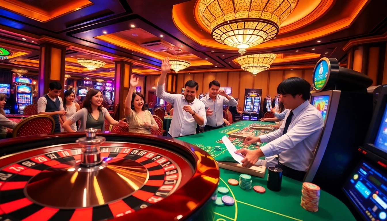 Exciting gambling scene with players at KJC AC 2 casino tables, roulette wheels, and slot machines.
