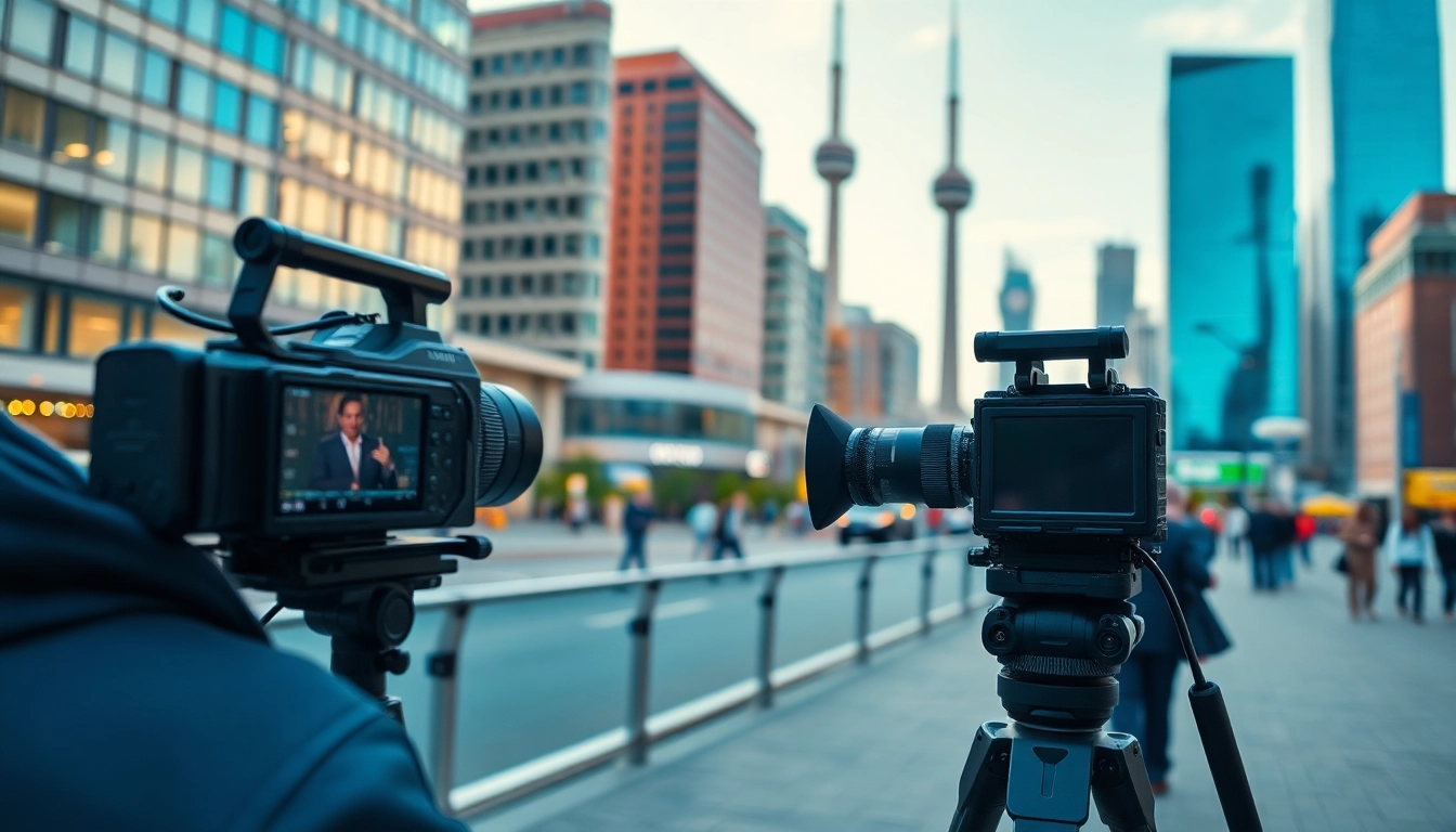 On-location videography toronto featuring a professional camera setup in a vibrant city.