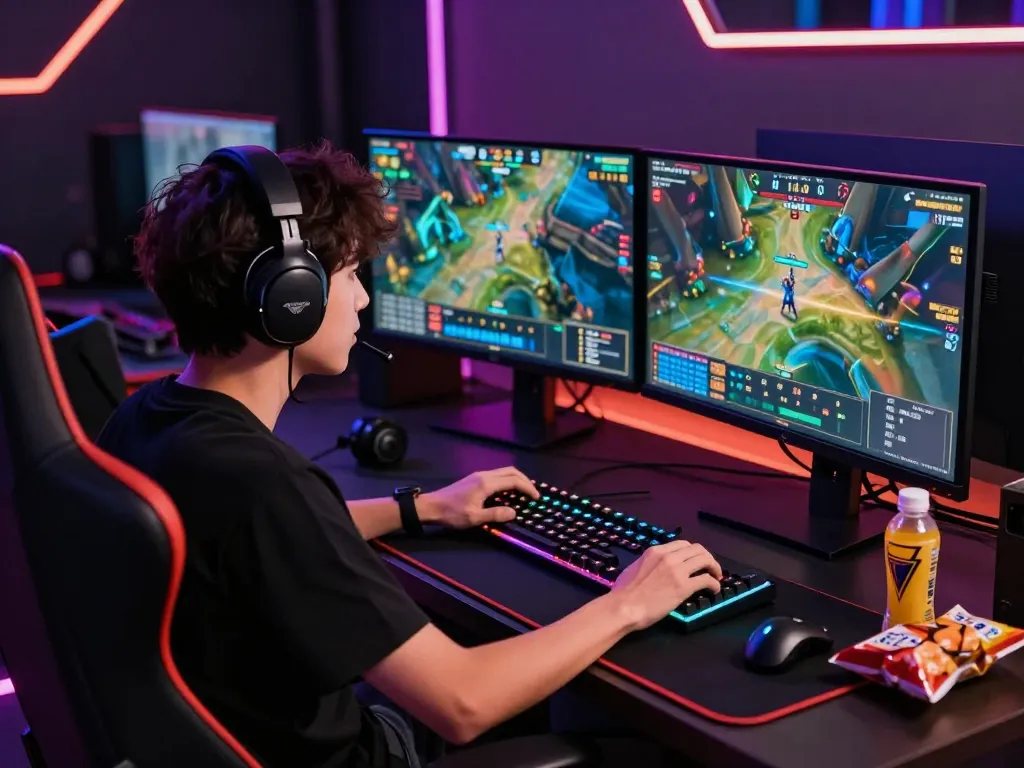 Gamer focused on nổ hũ hubet88 esports betting, dual monitors showing matches and colorful odds in illuminated gaming room.
