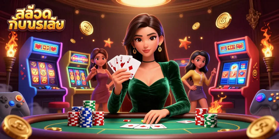 Play สล็อตทดลองเล่น slots at a luxury casino table surrounded by vibrant game elements.