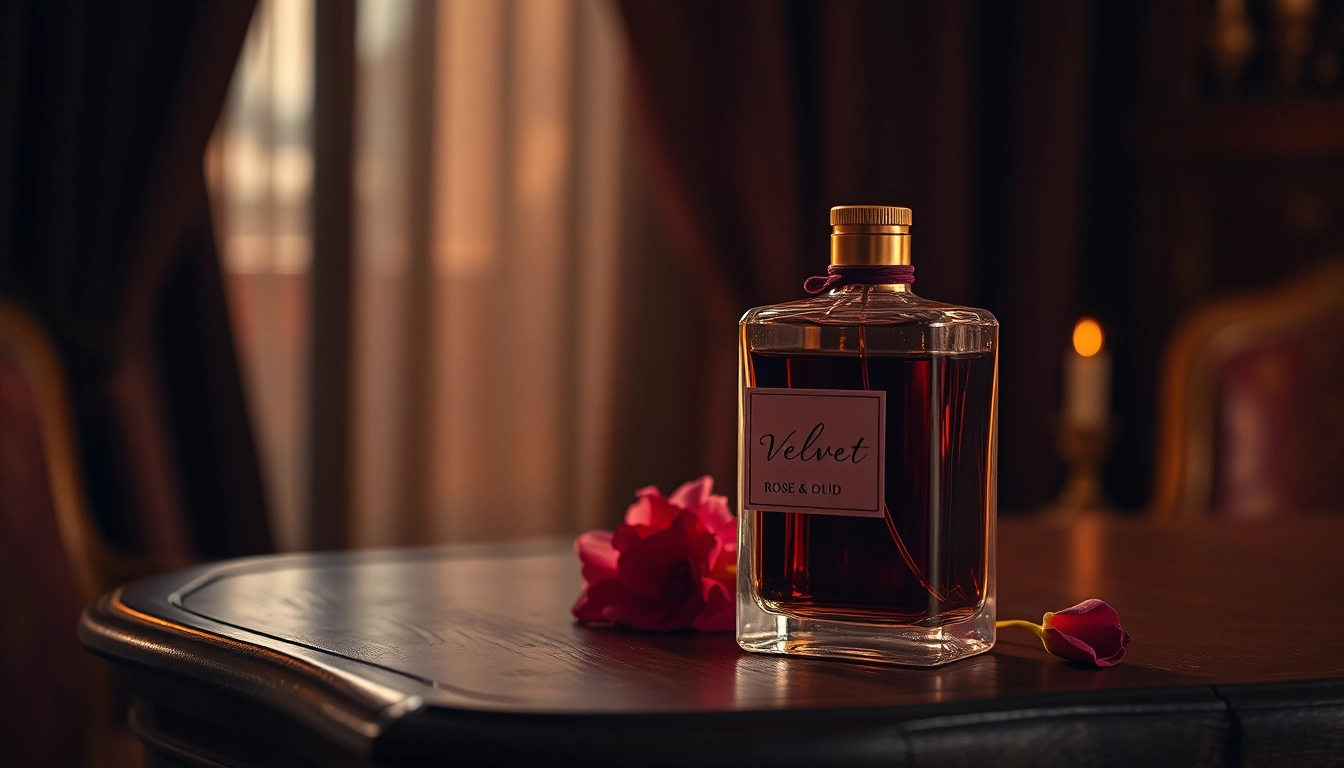 Captivating bottle of Velvet rose & oud fragrance on an elegant wooden table.
