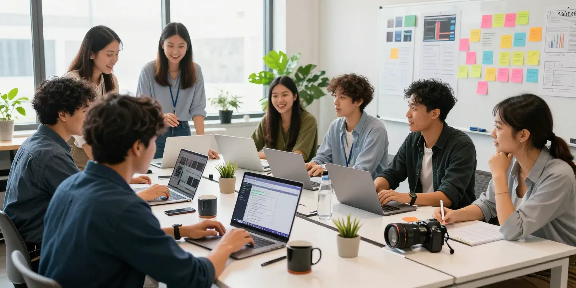 Team brainstorming in a creative workspace at a social media agency KL, showcasing collaboration and vibrant ideas.