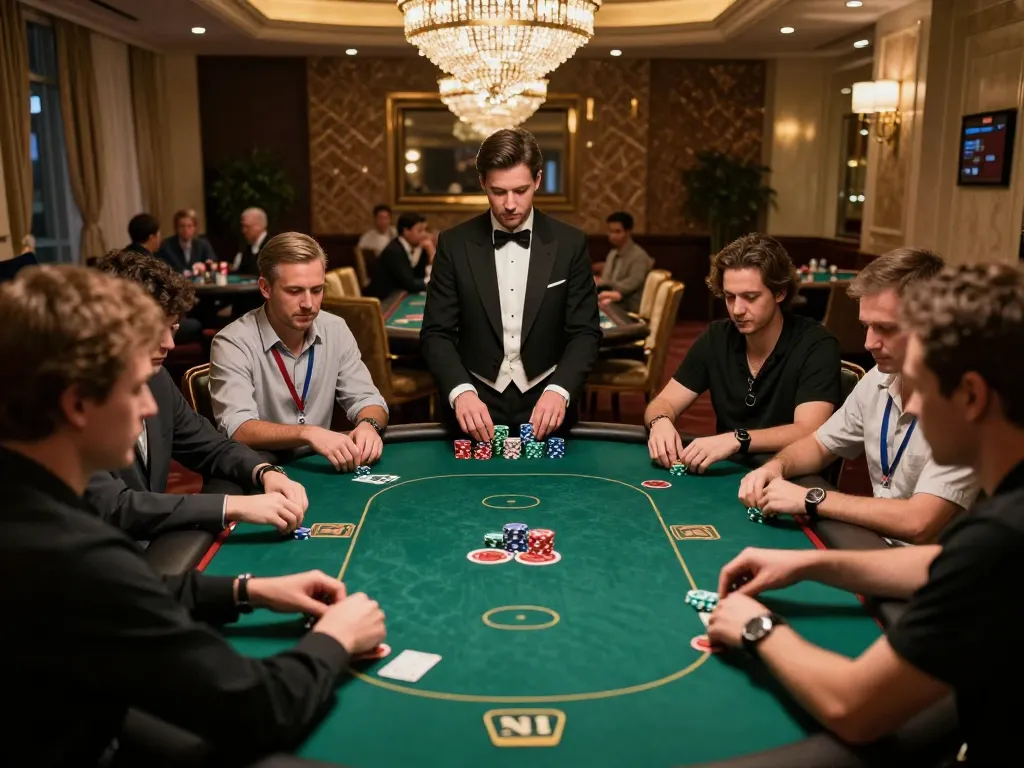 Players strategize in a high-stakes poker game at vipwin casino, showcasing chips and focused expressions.