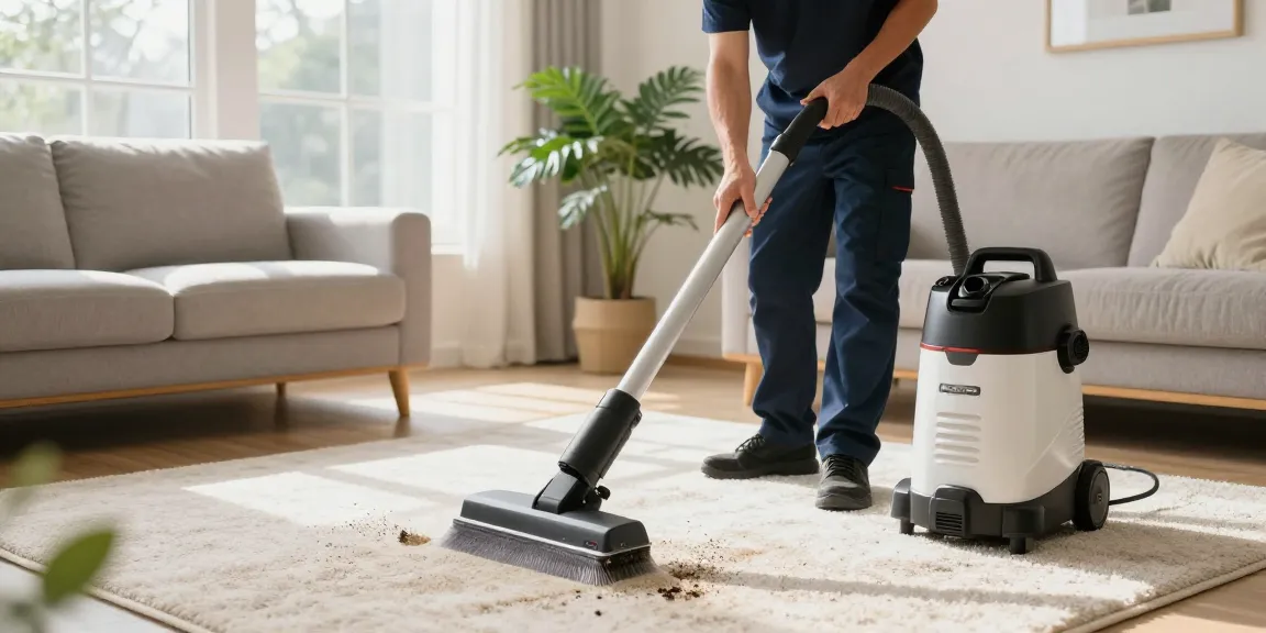 Professional carpet cleaning near me in a cozy living room, highlighting a technician using hot water extraction.