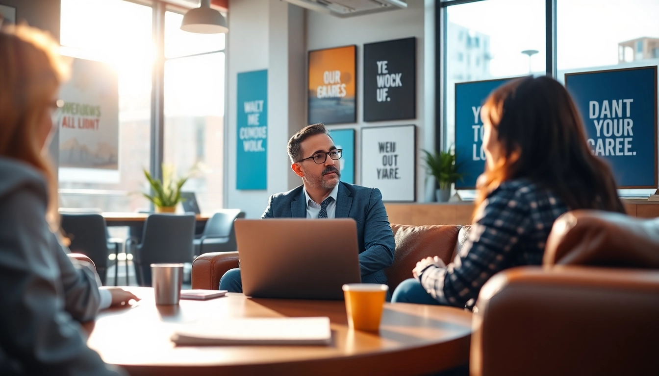 Business coach los Angeles engaging with clients in a bright office setting, showcasing professional guidance.