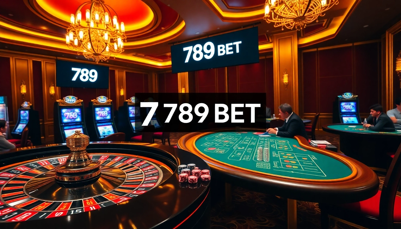 Players enjoying high-stakes games at a luxurious casino featuring 789 BET branding.