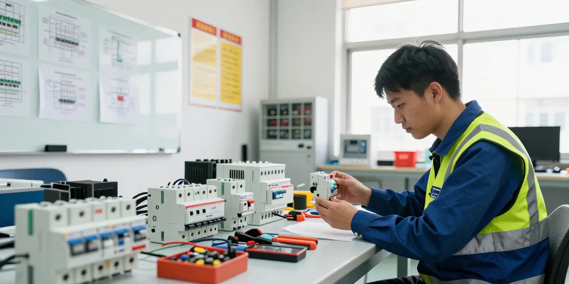 Technician inspecting a dc mcb circuit breaker in a bright workshop environment with organized electrical tools