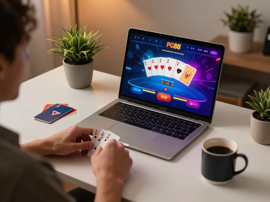 Player enjoying an online PG88 blackjack game on a sleek laptop in a cozy home environment.
