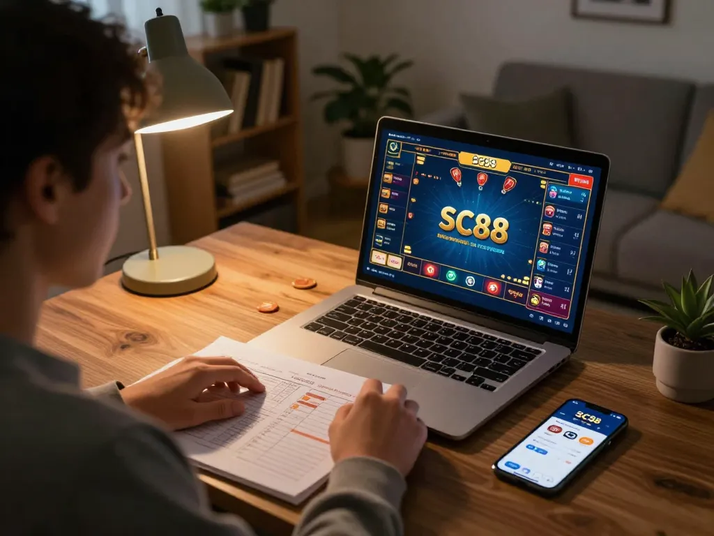 Engaging in online SC88 casino gaming with a strategic approach at home.