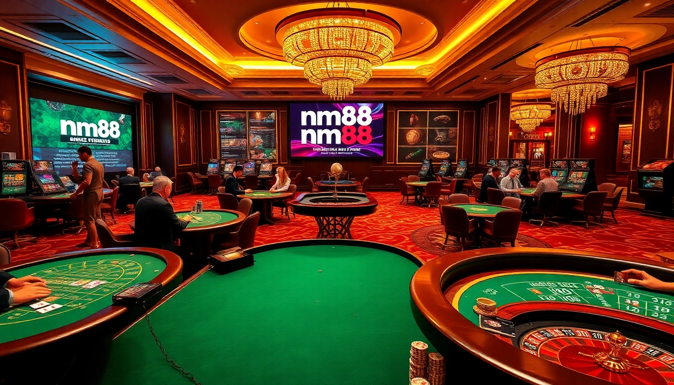 mm88 online betting plays out in a vibrant casino, showcasing players at blackjack and roulette tables immersed in the action.