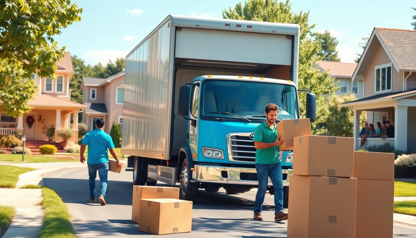 Efficient crew handling removals near me in a vibrant suburban setting with a moving truck.