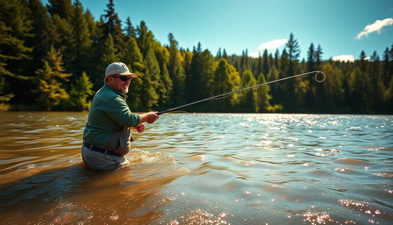 Catch the thrill of fly fishing apparel worn by an angler casting a line in beautiful waters.