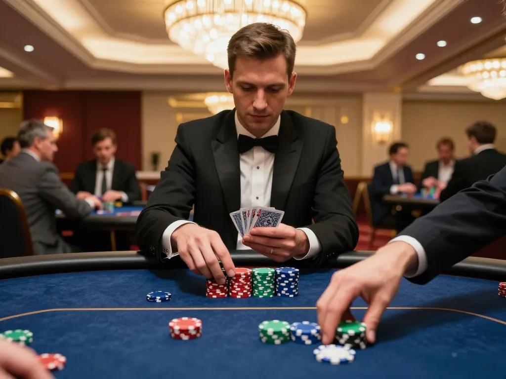 Jae888 players engaged in a high-stakes poker game, showing strategic betting and colorful chips.