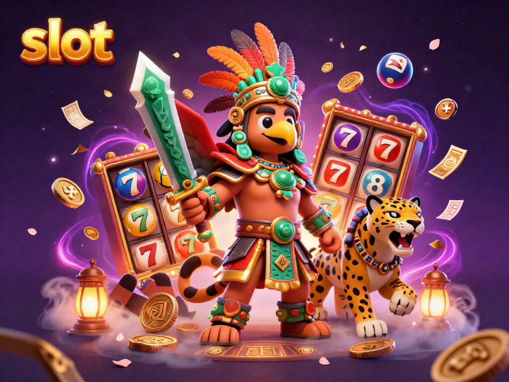 Experience thrilling slot action with Aztec warriors and colorful reels in a vibrant casino setting.