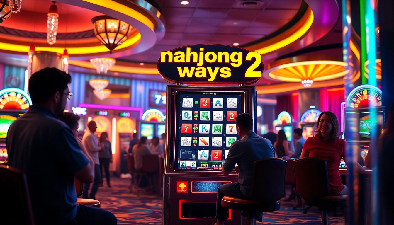 Players enjoying the mahjong ways 2 slot machine, surrounded by colorful casino decor and gaming elements.