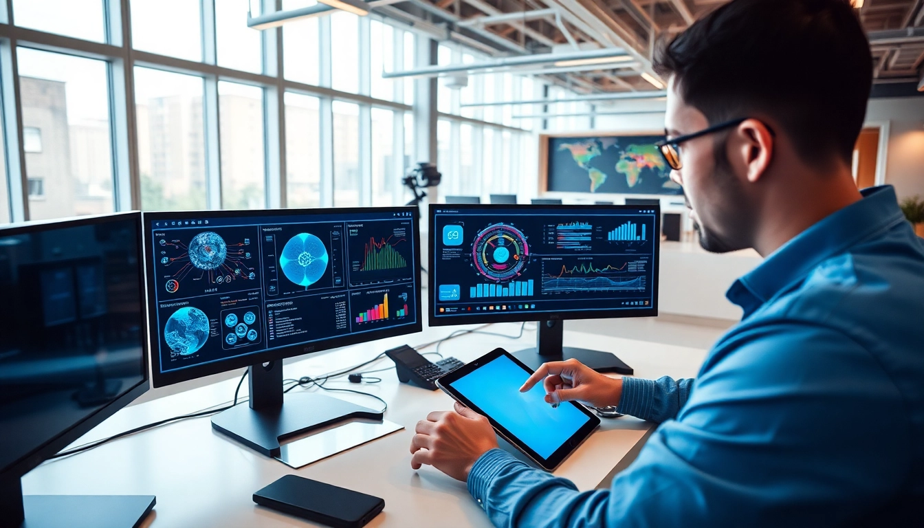 Showcase of advanced AI Software on screens in a professional workspace, enhancing productivity and innovation.