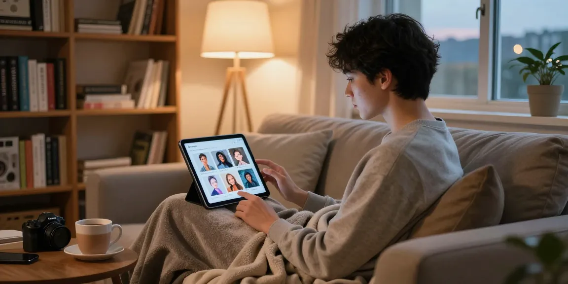 Engaging with crush on ai in a cozy home setting with warm lighting and AI character visuals.