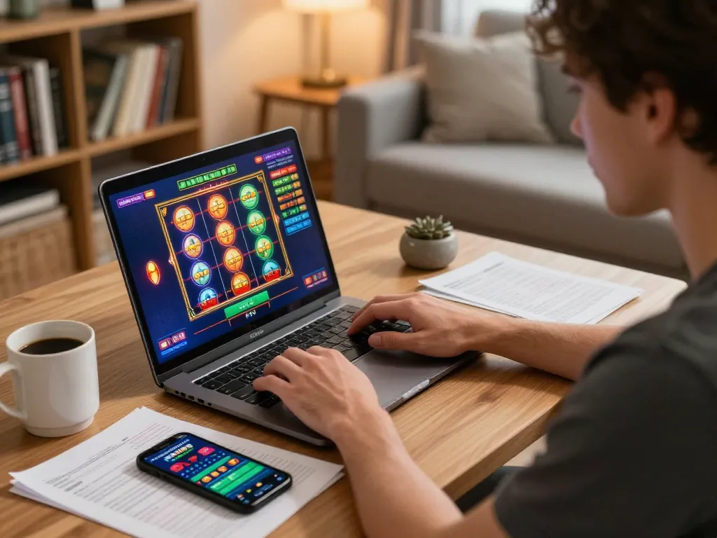 Player engaged in online gaming with hakobhakobyanart art on display, immersed in winning strategies.