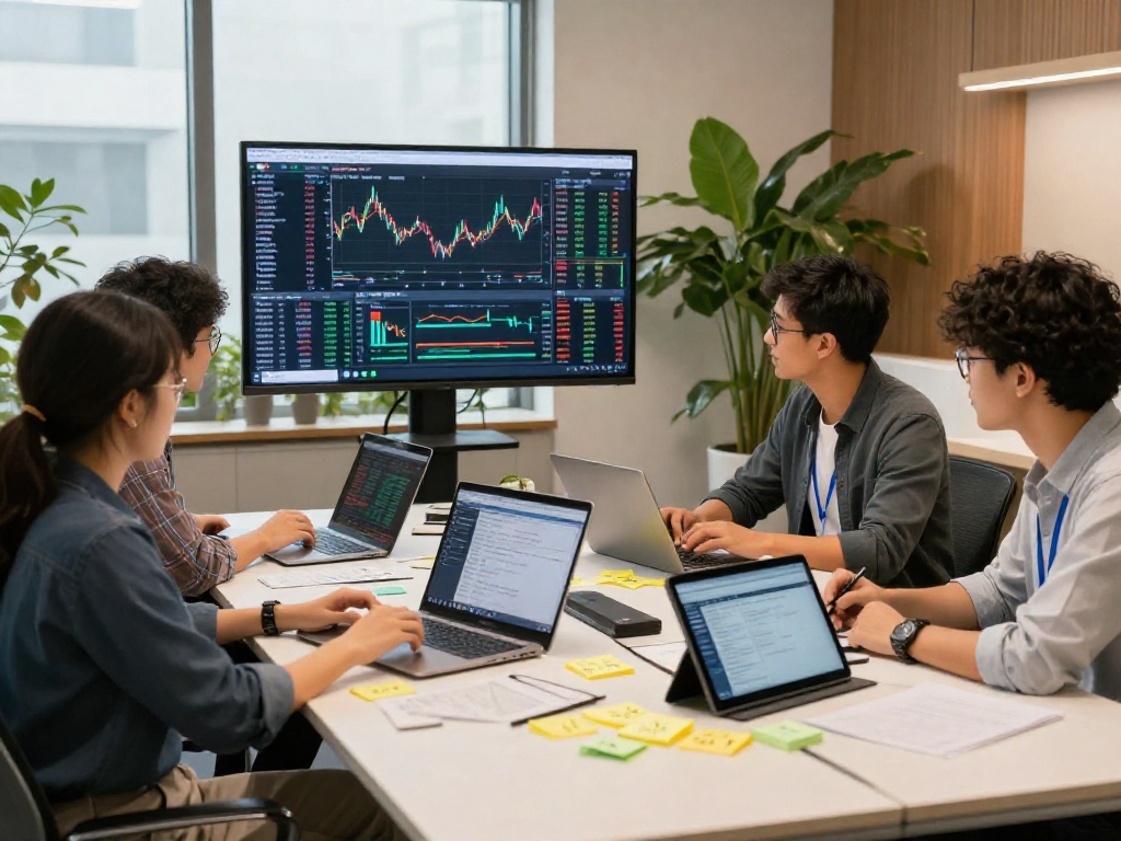 Dynamic fintech team reviewing HKEX stock data feed in a modern office.