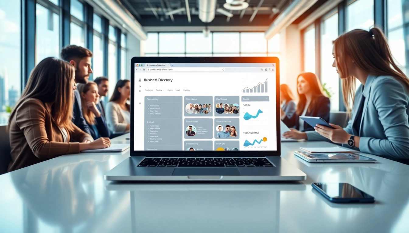 Showcasing the top global business directory as professionals collaborate in a modern office.