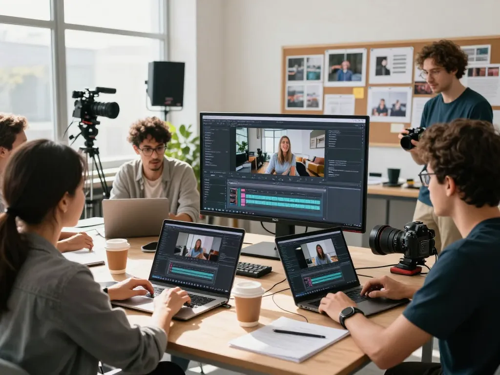 Team collaborating in video production studio using video to prompt ai for content creation, showcasing work environment.